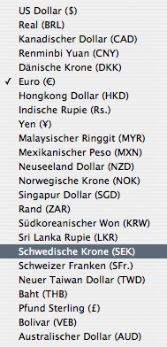 Menu with currencies in no particular order ;)