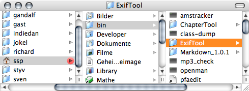 Finder window showing the folder 'ExifTool' inside the folder 'bin' inside a home folder