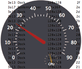 Quatz Debug's frame rate speed gauge with Dock icon windows in the background