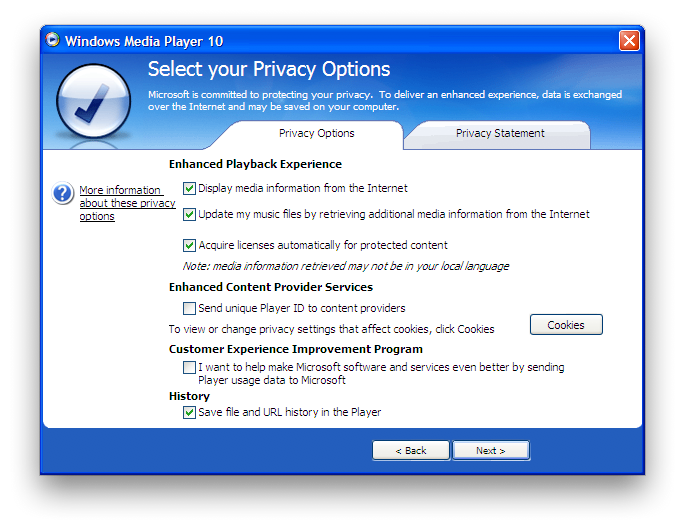 Windows Media Player 10 Privacy Options window