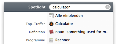 Spotlight finding Rechner.app for the search term calculator