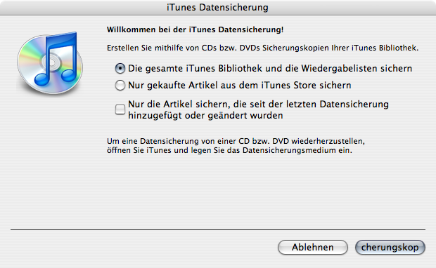Dialogue for iTunes 7's backup feature