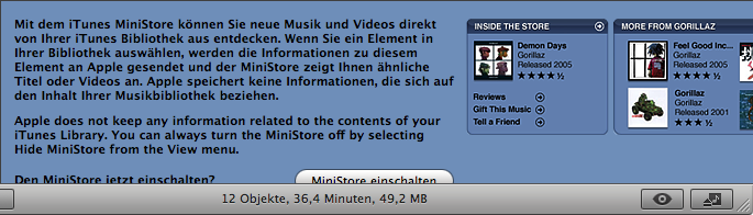 MiniStore in iTunes 7 showing a strange mix of languages and a half covered button