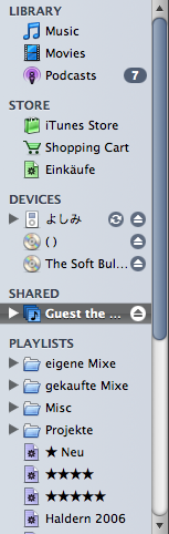 iTunes 7 source list with a shared library, two CDs and an iPod displayed