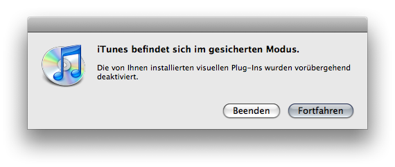 Dialogue warning you about having launched iTunes in safe mode