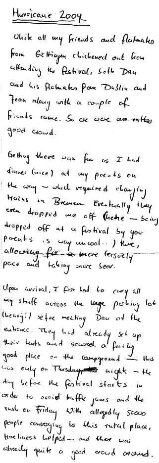 Part 1 of text: Introduction, friends, Dan, Jean, Hurricane festival 2004, campground, arrival