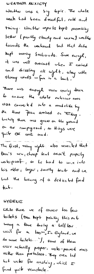 Part 2 of text: Weather anxiety, rain, hygiene,  toilets