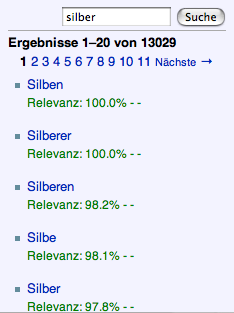 Screenshot of German Wikipedia search results for 'Silber'