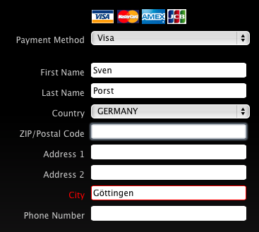 Screenshot of Topspin order form refusing to accept the city name “Göttingen”. The first name is given as “Sven”
