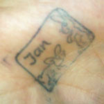 photo of my hand with cute bunny-themed 'Jan' stamp on it